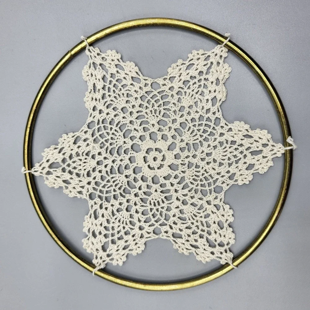 Vintage Crochet Snowflake Doily Gold Metal Hoop Handmade Lace Wall Art Decor 5